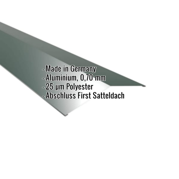Firstblech flach Aluminium moosgrün, 0,70 mm, 25 µm Polyester, mit eingeblendeten Eckdaten