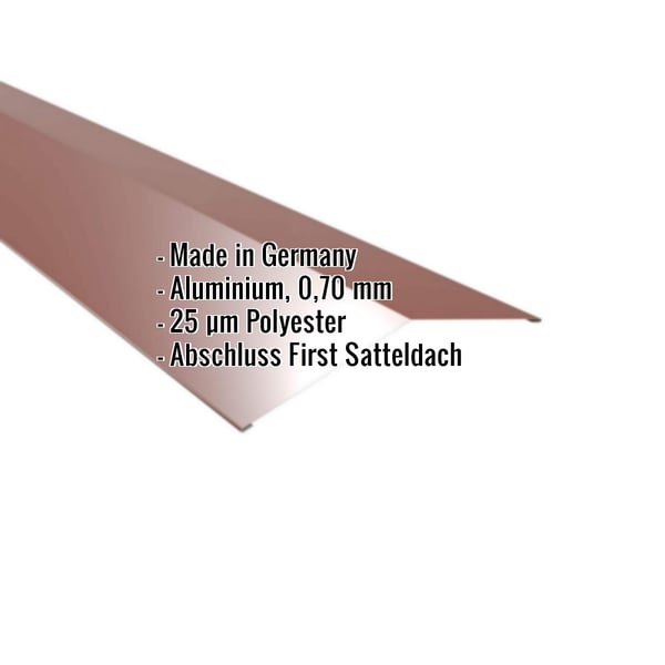 Firstblech flach Aluminium Rotbraun RAL 8012 mit eingeblendeten Eckdaten Made in Germany, 0,70 mm, 25 µm Polyester