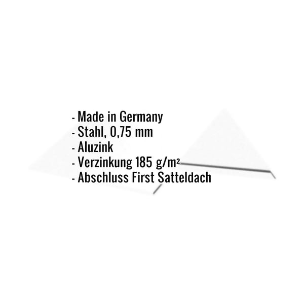 Firstblech flach Aluzink, 0,75 mm Stahl, mit eingeblendeten Eckdaten zu Material und Anwendung