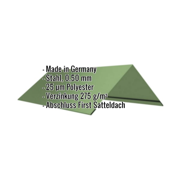 Firstblech flach Resedagrün mit eingeblendeten Eckdaten zu Material, Stärke und Beschichtung