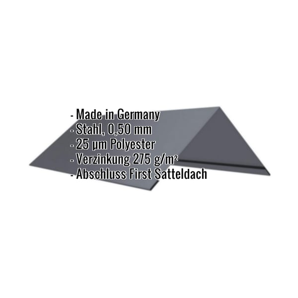 Firstblech flach Graphitgrau, Stahl 0,50 mm, mit eingeblendeten Eckdaten zu Material und Anwendung