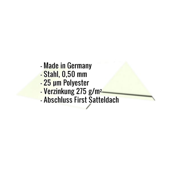 Infografik: Firstblech flach, Stahl 0,50 mm, 25 µm Polyester, Verzinkung 275 g/m², Abschluss First Satteldach