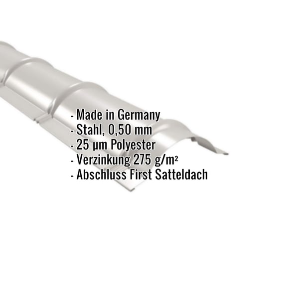 Firstblech halbrund, Lichtgrau, mit eingeblendeten Eckdaten zu Material, Staerke und Beschichtung