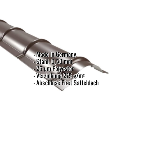 Firstblech halbrund Sepiabraun, Stahl 0,50 mm, 25 µm Polyester, mit eingeblendeten Eckdaten