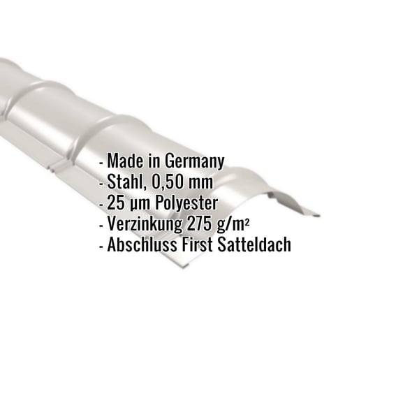 Firstblech halbrund, Grauweiß RAL 9002, Stahl 0,50 mm, 25 µm Polyester, wichtige Eckdaten eingeblendet