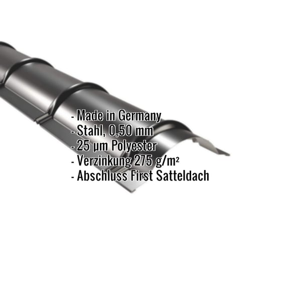 Firstblech halbrund Tiefschwarz mit eingeblendeten Eckdaten Stahl 0,50 mm und 25 µm Polyester Beschichtung