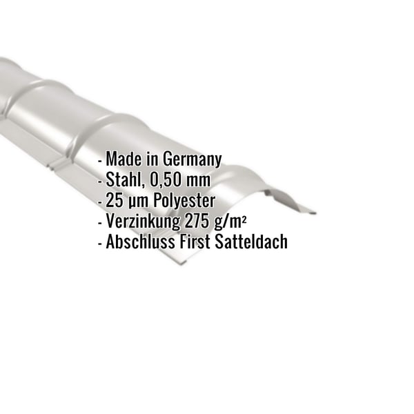 Firstblech halbrund, Weißaluminium, mit eingeblendeten Eckdaten zu Material, Stärke und Beschichtung