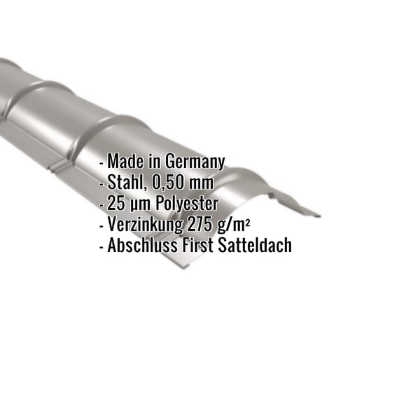 Firstblech halbrund Graualuminium, Stahl 0,50 mm, 25 µm Polyesterbeschichtung, Eckdaten eingeblendet