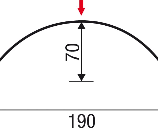 Technische Zeichnung Firstblech halbrund mit Massen: Breite 190 mm, Hoehe 70 mm, Schenkel 55 mm