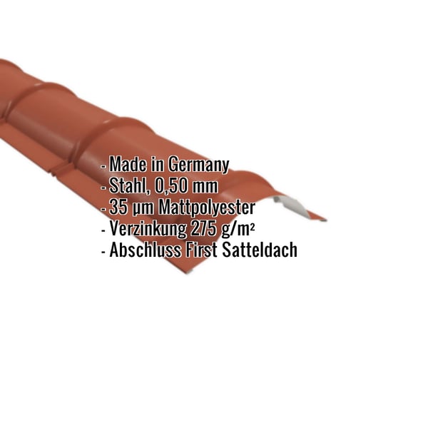 Firstblech halbrund Ziegelrot mit eingeblendeten Eckdaten zu Material, Stärke und Beschichtung