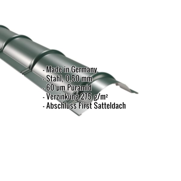 Firstblech halbrund Moosgrün, Stahl 0,50 mm, 60 µm Puramid Beschichtung, mit eingeblendeten Eckdaten