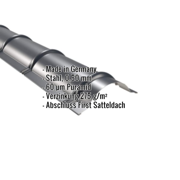 Firstblech halbrund Anthrazitgrau mit eingeblendeten Eckdaten Stahl 0,50 mm Puramid Beschichtung