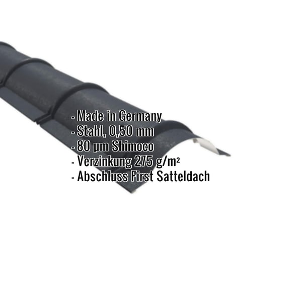 Firstblech halbrund Anthrazitgrau, 0,50 mm Stahl, 80 µm Shimoco, mit eingeblendeten Eckdaten