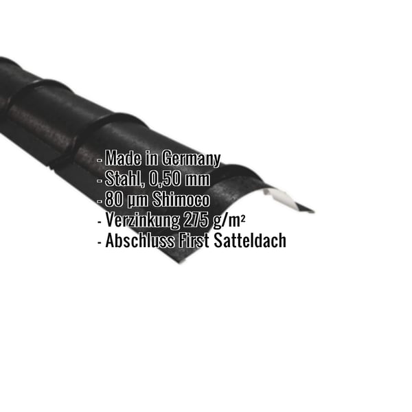 Firstblech halbrund Tiefschwarz, 0,50 mm Stahl, 80 µm Shimoco Beschichtung, mit eingeblendeten Eckdaten