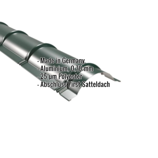 Firstblech halbrund Aluminium 0,70 mm Moosgrün, mit eingeblendeten Eckdaten