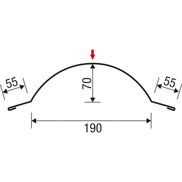 Technische Zeichnung Firstblech halbrund mit Massen 190 mm Breite, 70 mm Hoehe, 55 mm Schenkel