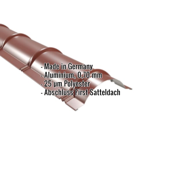 Firstblech halbrund Aluminium 0,70 mm Rotbraun, mit eingeblendeten Eckdaten zu Material und Beschichtung