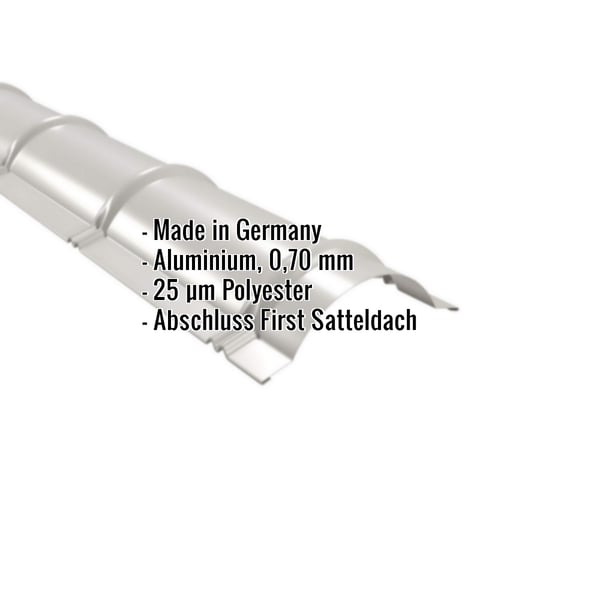 Firstblech halbrund Aluminium 0,70 mm Weißaluminium RAL 9006 mit eingeblendeten Eckdaten