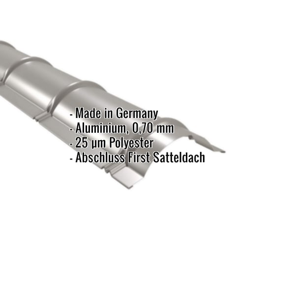 Firstblech halbrund Graualuminium mit eingeblendeten Eckdaten zu Material, Staerke und Beschichtung