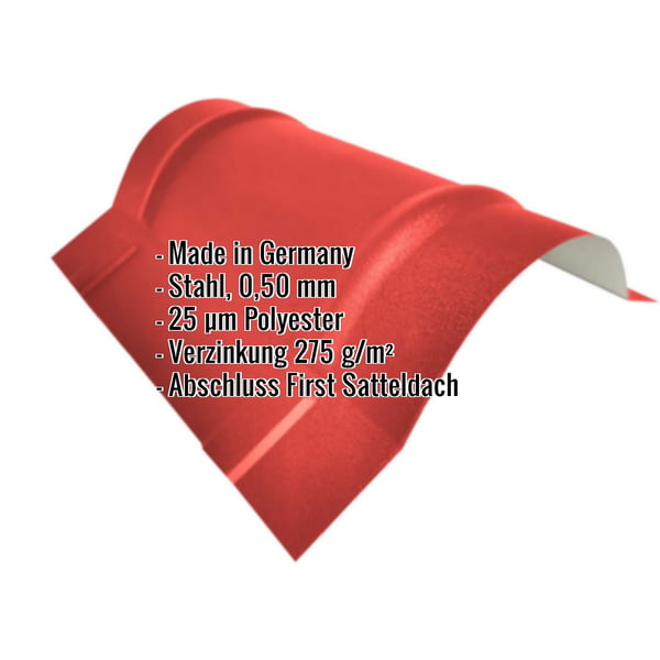 Firstblech halbrund groß Korallenrot, Stahl 0,50 mm, mit eingeblendeten Produktdaten