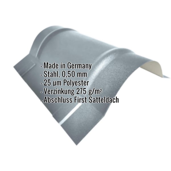 Firstblech halbrund groß, Fehgrau RAL 7000, 0,50 mm Stahl, mit eingeblendeten Eckdaten