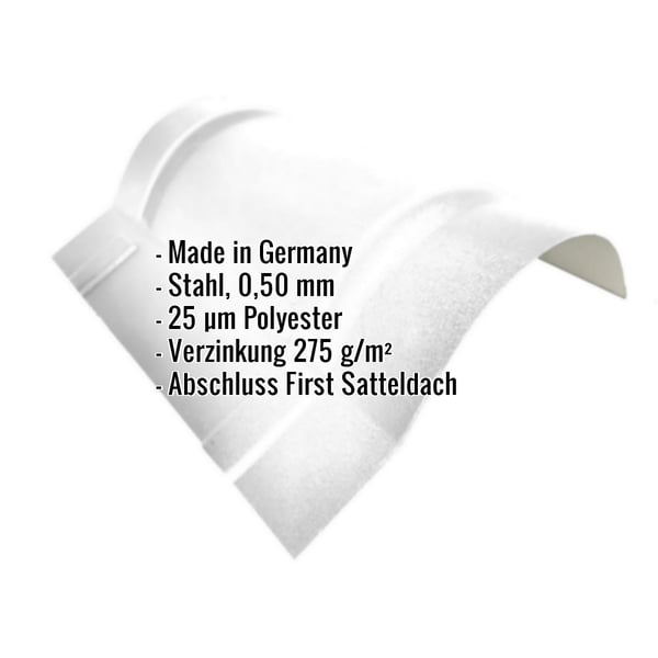 Firstblech halbrund groß, Lichtgrau RAL 7035, mit eingeblendeten Eckdaten zu Material und Beschichtung