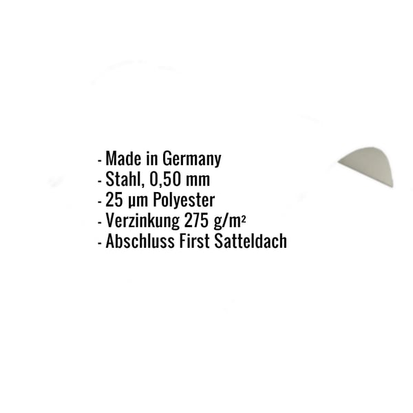 Infografik: Eckdaten des Firstblechs aus Stahl, 0,50 mm, 25 µm Polyesterbeschichtung, Verzinkung 275 g/m2