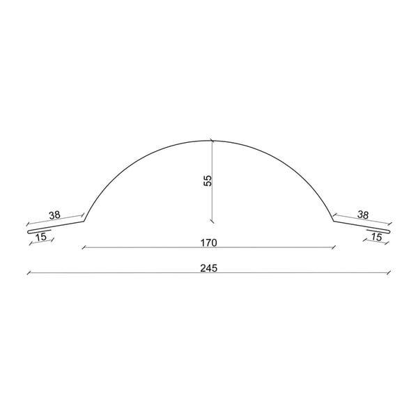 Technische Zeichnung Firstblech halbrund klein mit Massen 245 mm, 170 mm, 55 mm, 38 mm, 15 mm