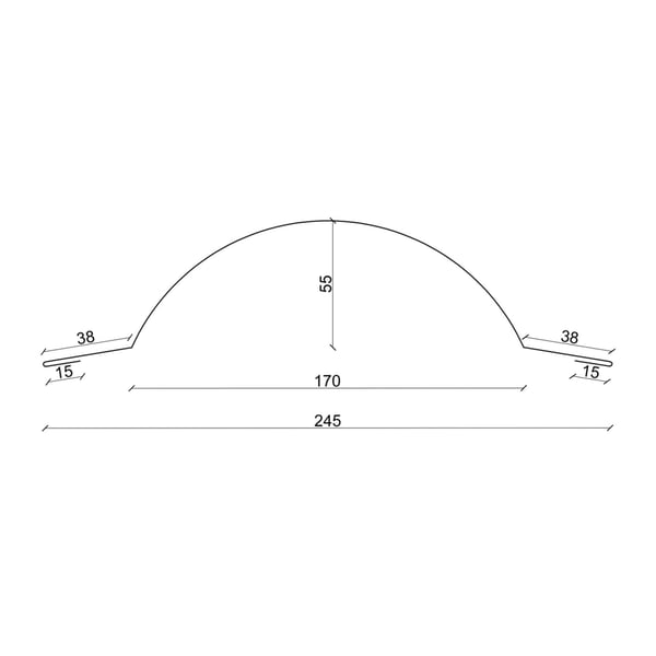 Technische Zeichnung Firstblech halbrund klein mit Massangaben: Breite 245 mm, Hoehe 55 mm
