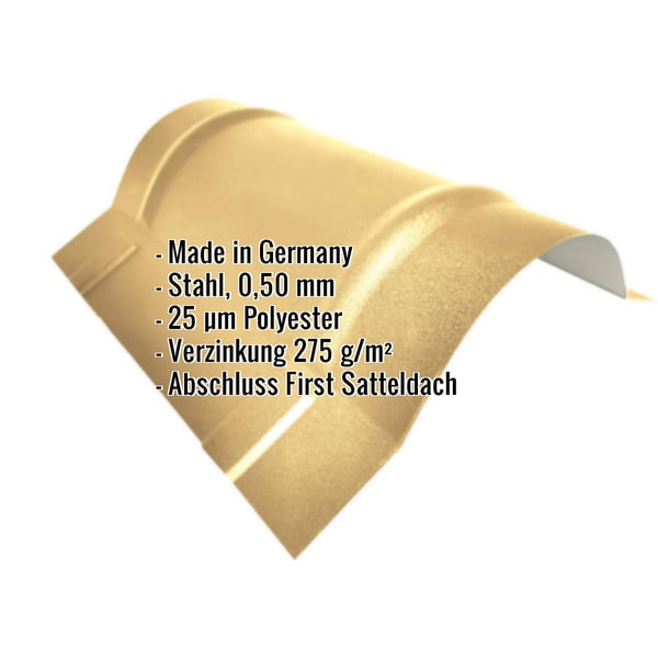 Firstblech halbrund klein, sandgelb, mit eingeblendeten Eckdaten zu Material, Staerke und Beschichtung