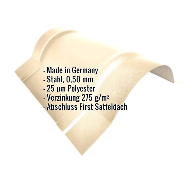 Firstblech halbrund klein Hellelfenbein RAL 1015, Stahl 0,50 mm, mit eingeblendeten Eckdaten