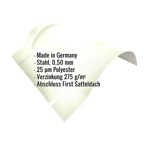 Firstblech halbrund klein, Grauweiß RAL 9002, mit eingeblendeten Eckdaten zu Material und Beschichtung