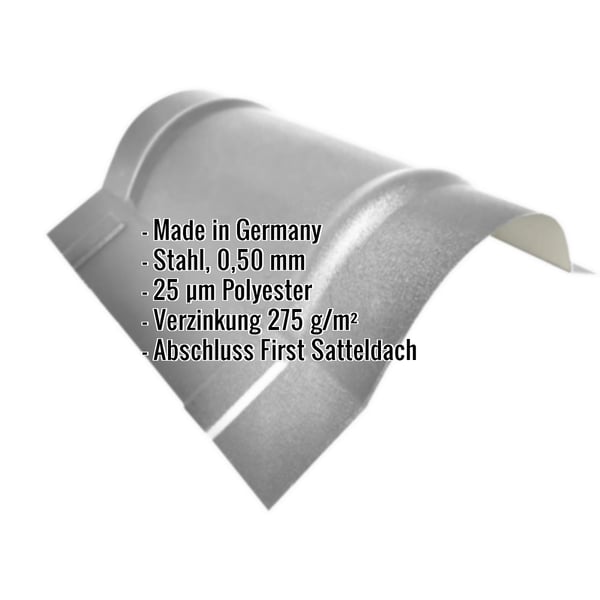 Firstblech halbrund klein Graualuminium mit eingeblendeten Eckdaten zu Material, Staerke und Beschichtung
