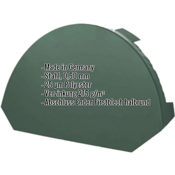 Firstblechendstück groß, moosgrün RAL 6005, Stahl 0,50 mm, mit eingeblendeten Eckdaten