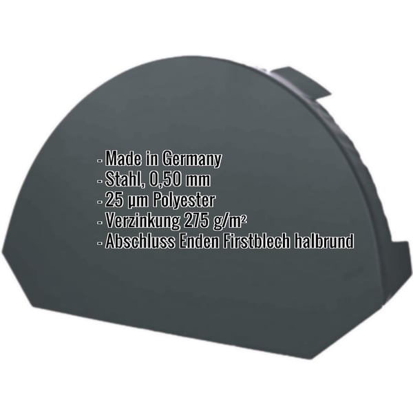 Firstblechendstück klein Anthrazitgrau RAL 7016, Stahl 0,50 mm, mit eingeblendeten Eckdaten
