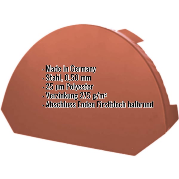 Firstblechendstück klein, kupferbraun RAL 8004, Stahl 0,50 mm, mit eingeblendeten Eckdaten
