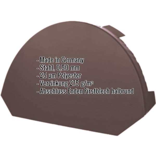 Firstblechendstück klein, schokoladenbraun RAL 8017, Stahl 0,50 mm, mit eingeblendeten Eckdaten