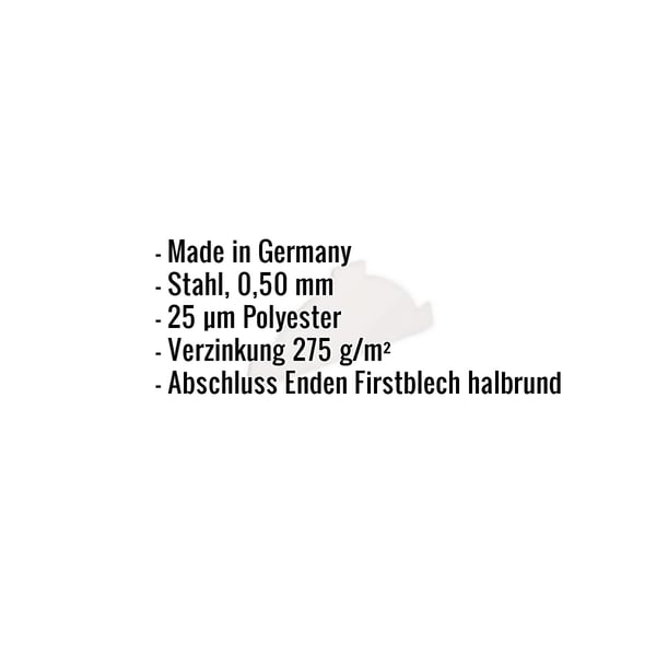 Firstblechendstück aus Stahl, 0,50 mm, mit 25 µm Polyesterbeschichtung, Eckdaten eingeblendet