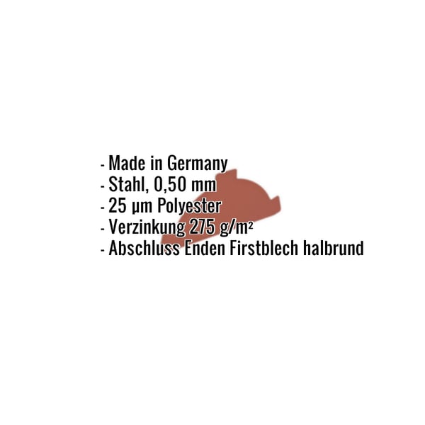 Firstblechendstück Stahl 0,50 mm Rotbraun RAL 8012 mit eingeblendeten Eckdaten