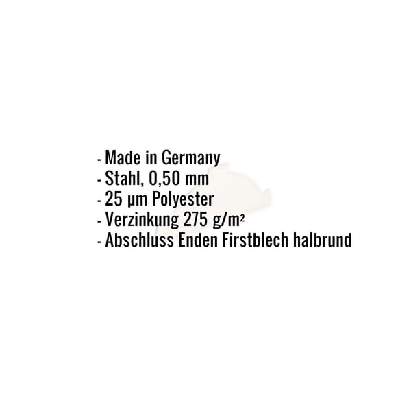 Firstblechendstück Stahl 0,50 mm Grauweiß mit eingeblendeten technischen Daten