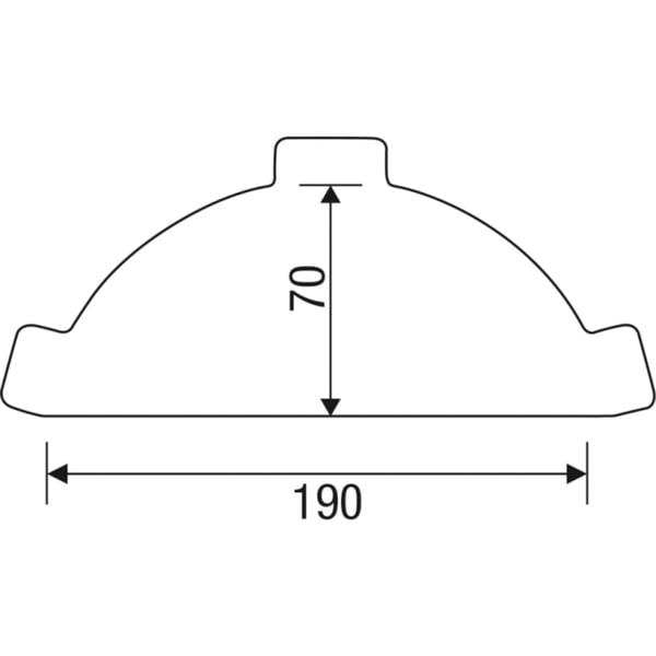 Technische Zeichnung Firstblechendstück halbrund mit Massangaben 190 mm Breite und 70 mm Höhe
