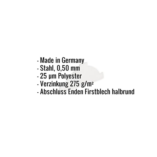 Firstblechendstück aus Stahl, 0,50 mm, mit 25 µm Polyesterbeschichtung, Eckdaten eingeblendet