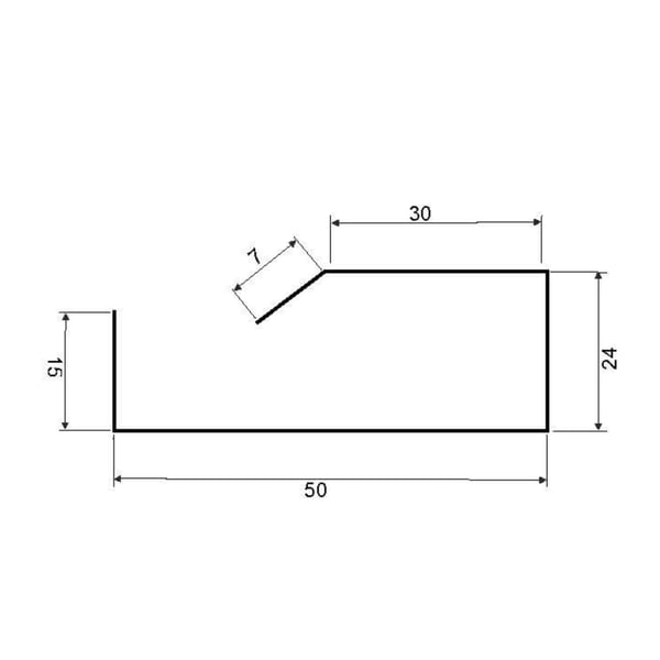 Technische Zeichnung der Firstleiste mit Massen 50x24x15 mm und 7 mm Winkel
