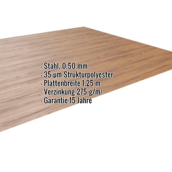 Flachblech Stahl 0,50 mm Eiche mit 35 µm Strukturpolyester Beschichtung und eingeblendeten Eckdaten