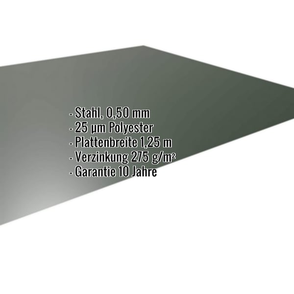 Flachblech Stahl 0,50 mm Chromoxidgrün RAL 6020 mit 25 µm Polyesterbeschichtung und eingeblendeten Eckdaten