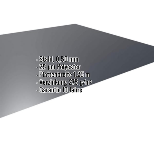 Flachblech Stahl 0,50 mm Anthrazitgrau RAL 7016 mit 25 µm Polyesterbeschichtung und eingeblendeten Eckdaten