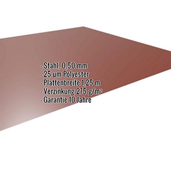 Flachblech Stahl 0,50 mm Rotbraun RAL 8012 mit 25 µm Polyesterbeschichtung, Eckdaten eingeblendet