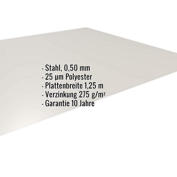 Flachblech Stahl 0,50 mm Grauweiß RAL 9002 mit eingeblendeten Eckdaten