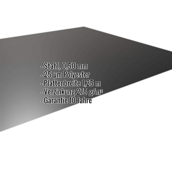 Flachblech Stahl 0,50 mm Tiefschwarz RAL 9005 mit 25 µm Polyesterbeschichtung und Eckdaten-Einblendung