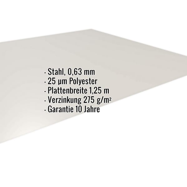 Flachblech Stahl 0,63 mm Grauweiß RAL 9002 mit 25 µm Polyesterbeschichtung, Eckdaten eingeblendet